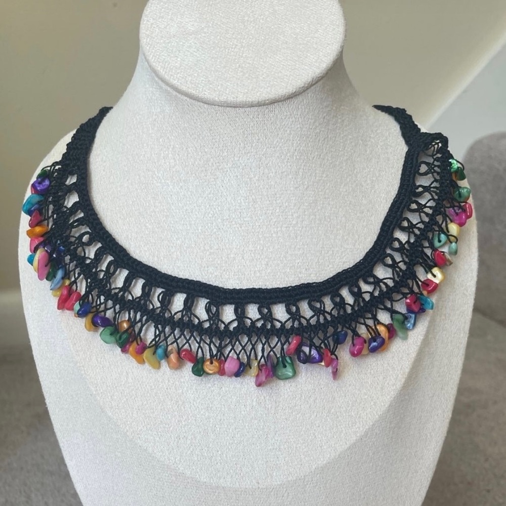 Colorful Gemstone, Handmade Crochet Necklace, Beaded Lace Choker, Bohomeian